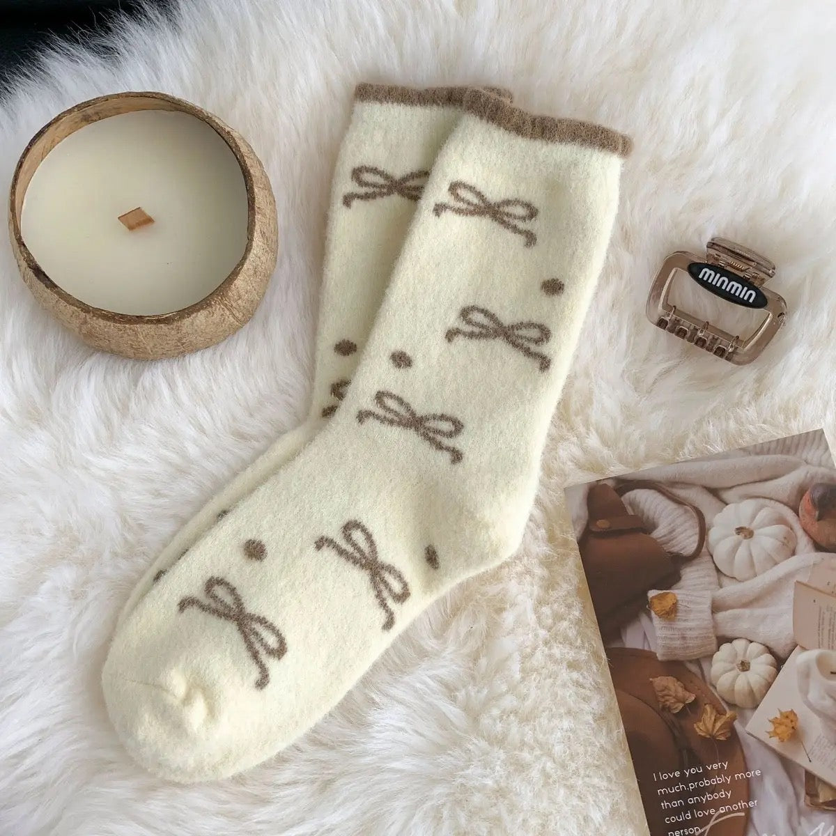 Bow Polka Dot Plush Socks