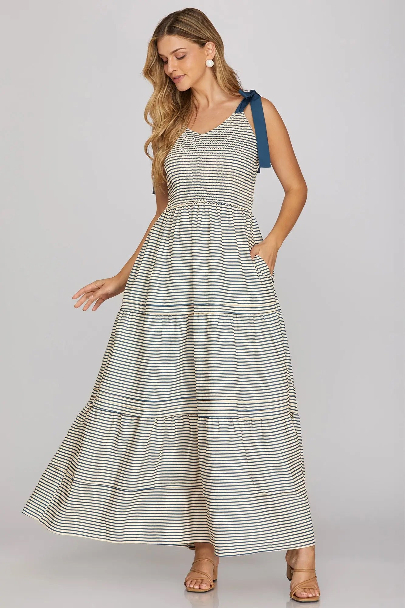 Navy Smocked Striped Shoulder Tie Maxi Dress