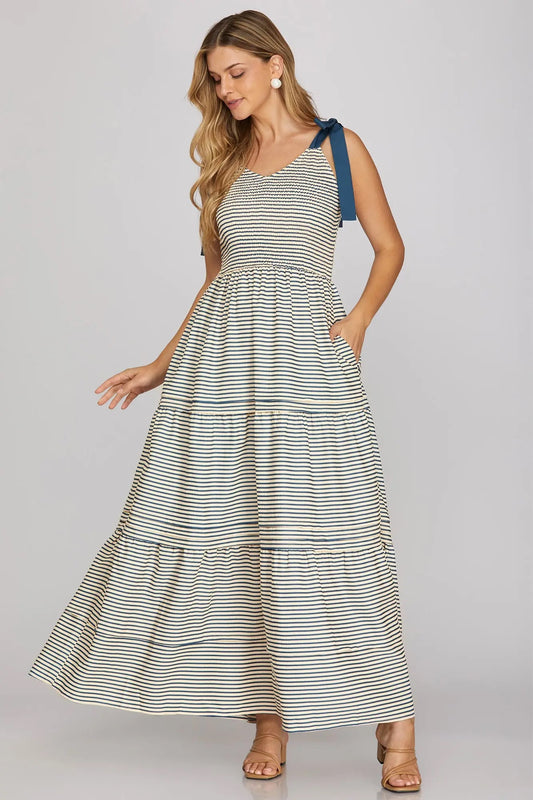 Navy Smocked Striped Shoulder Tie Maxi Dress