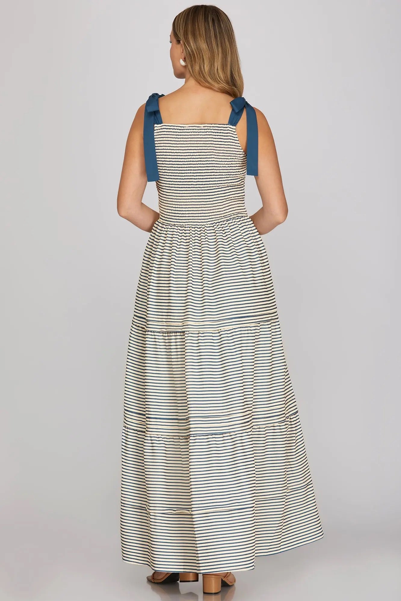 Navy Smocked Striped Shoulder Tie Maxi Dress