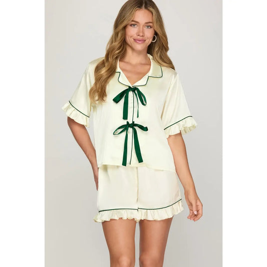 Green Front Tie PJ Top &  Shorts Set