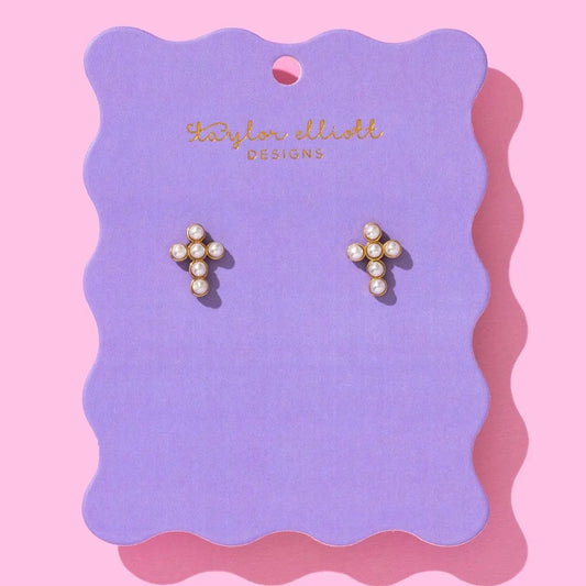 Pearl Cross Stud Earrings