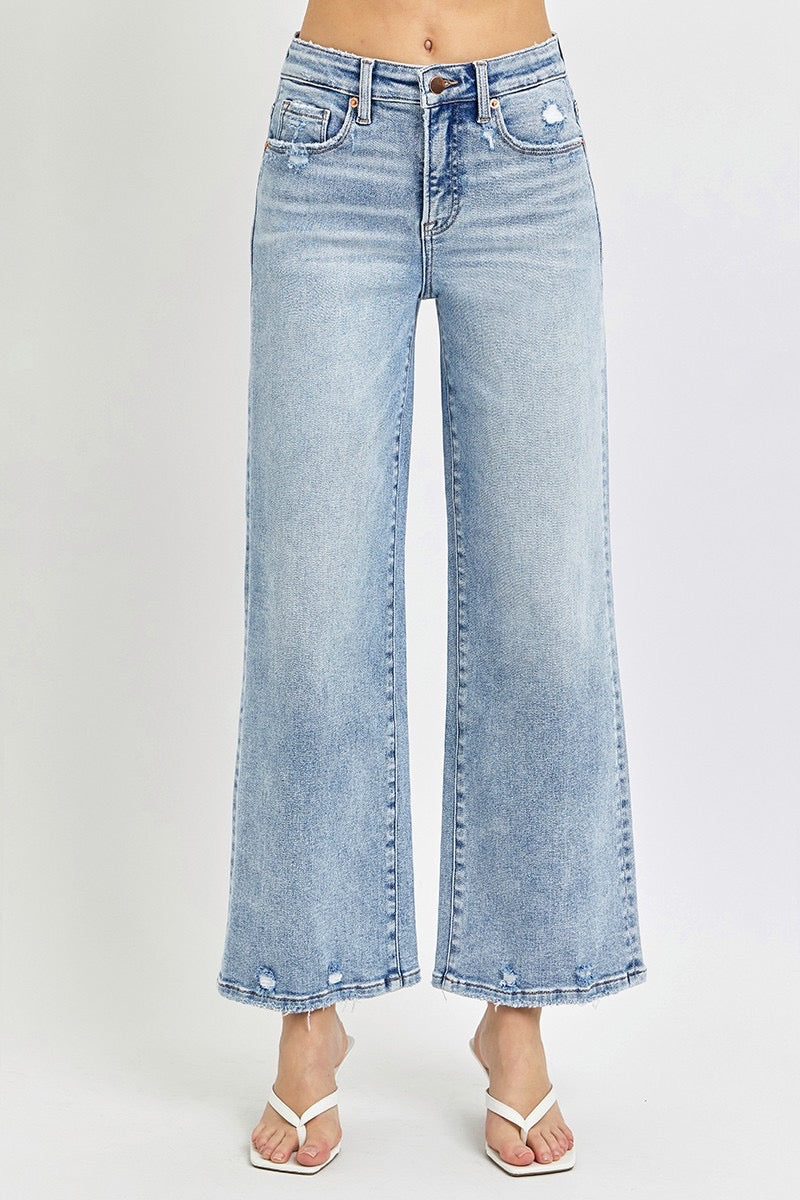 Risen Tummy Control Light Wash High Rise Crop Wide Jeans