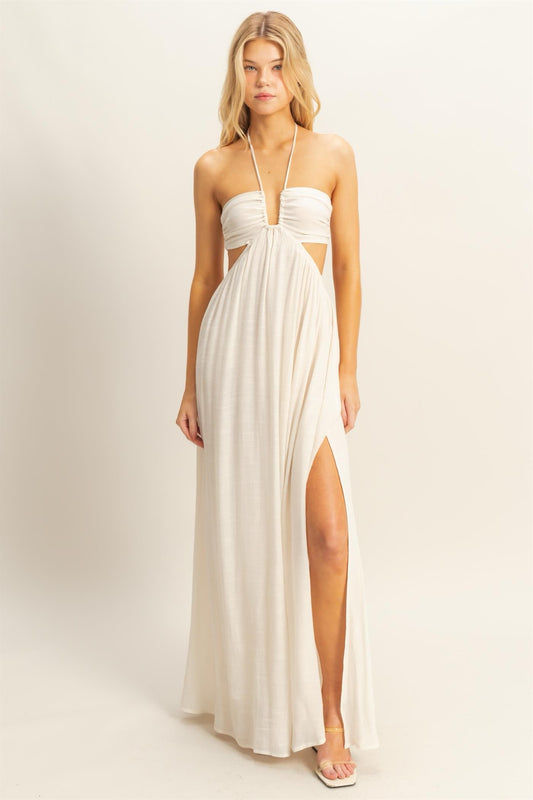 White Linen Halter Cutout Maxi Dress