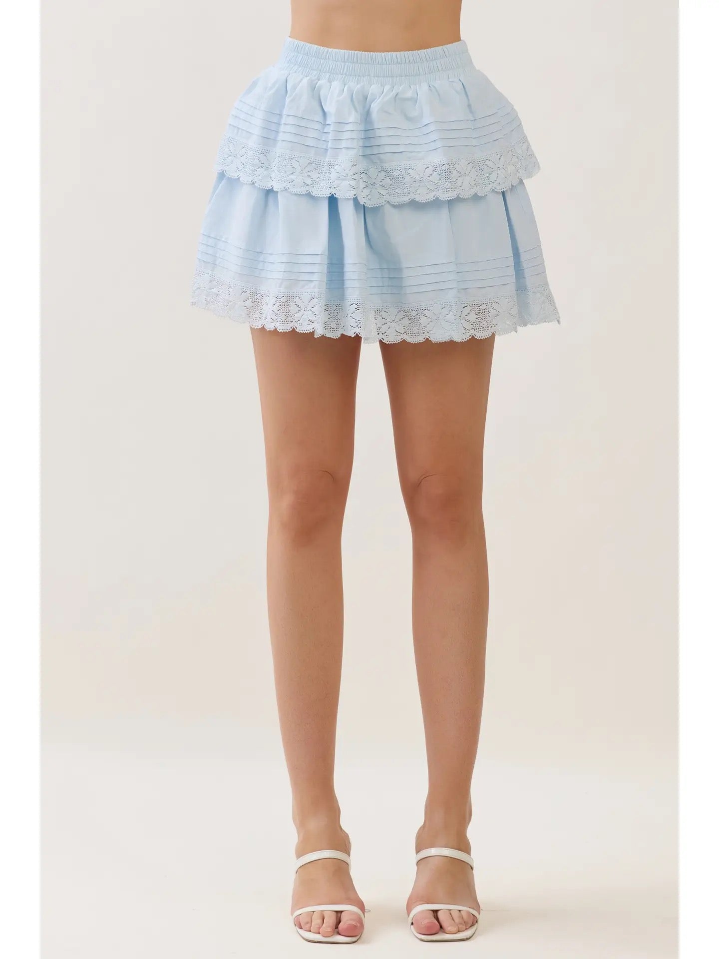 Blue Tiered Lace Trim Mini Skirt