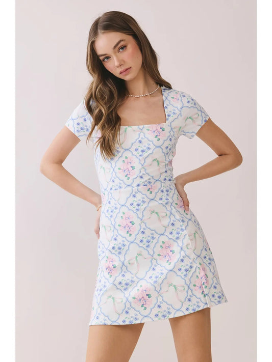 Floral Print Square Neckline Mini Dress w/ Slit