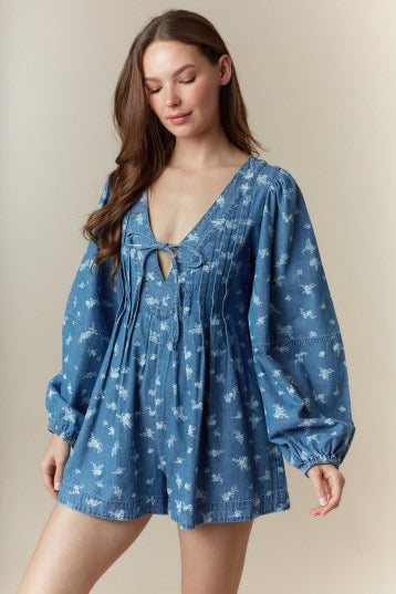 Floral Print Long Sleeve Washed Denim Romper
