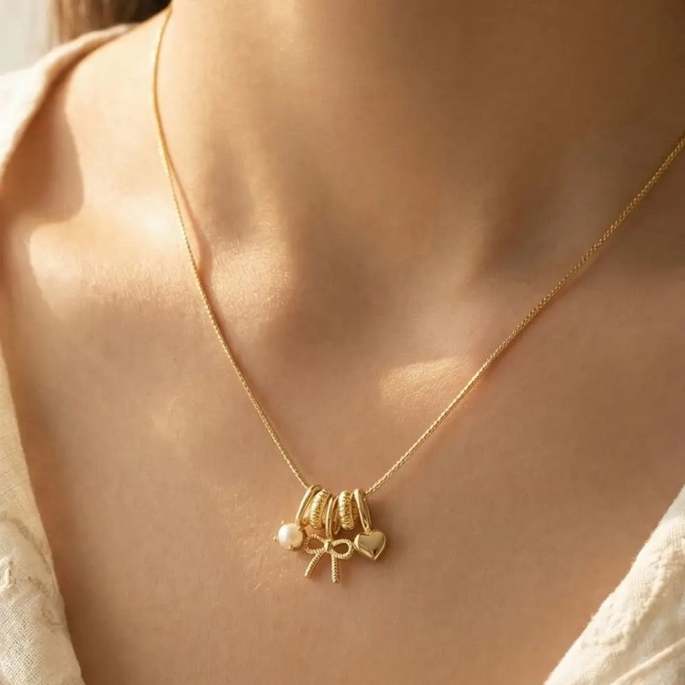 Gold Bow & Heart Charm Necklace