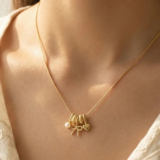Gold Bow & Heart Charm Necklace