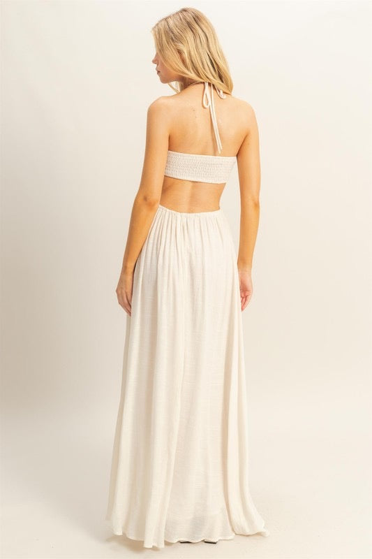 White Linen Halter Cutout Maxi Dress