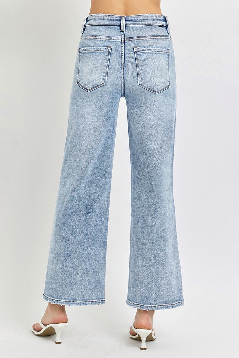 Risen Tummy Control Light Wash High Rise Crop Wide Jeans