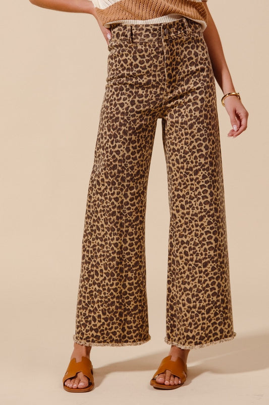 Mid Rise Leopard Twill Denim Wide Leg Pants