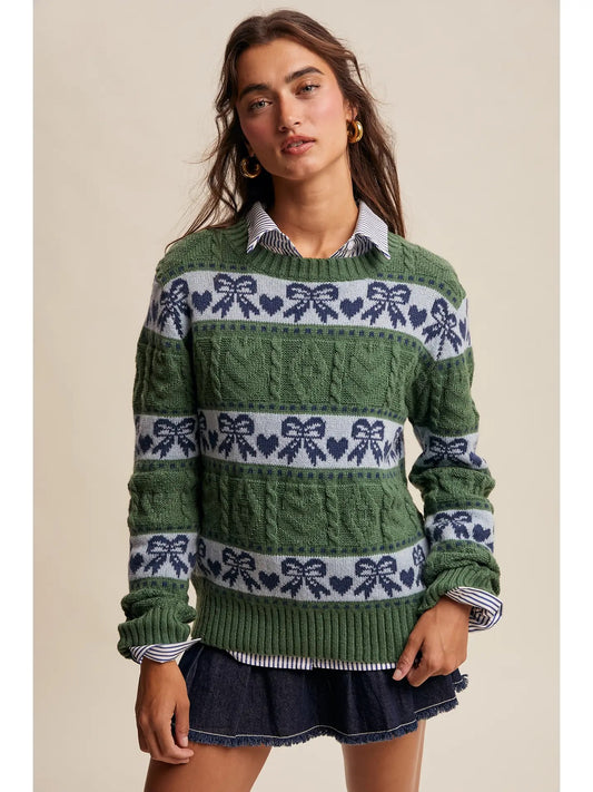 Green Bow & Heart Knit Sweater