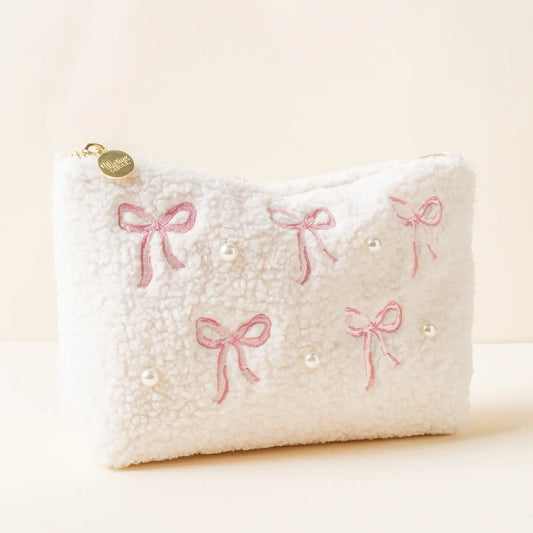 Teddy Sherpa Pouch - Pink Bows