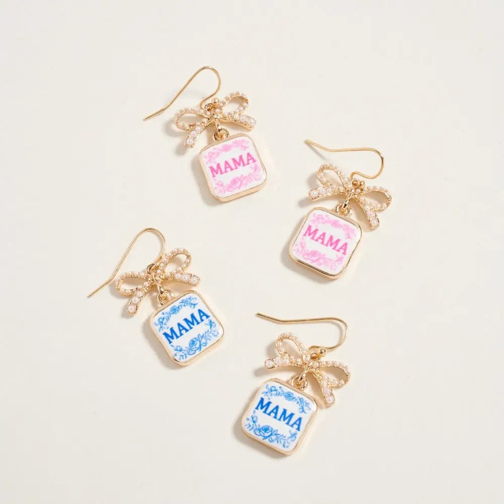 Mama Floral Enamel Ribbon Bow Pearl Earrings