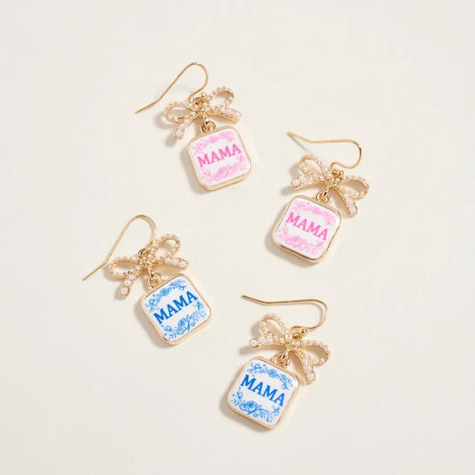 Mama Floral Enamel Ribbon Bow Pearl Earrings