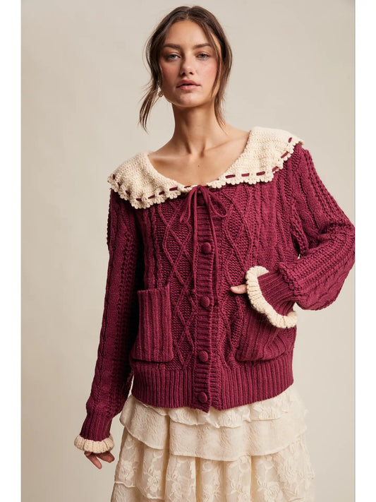 Crochet Collar Cable Knit Cardigan-Cranberry