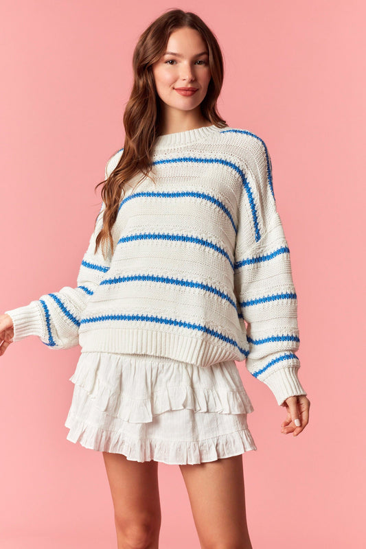 Ivory & Blue Wide Gap Striped Knit Sweater