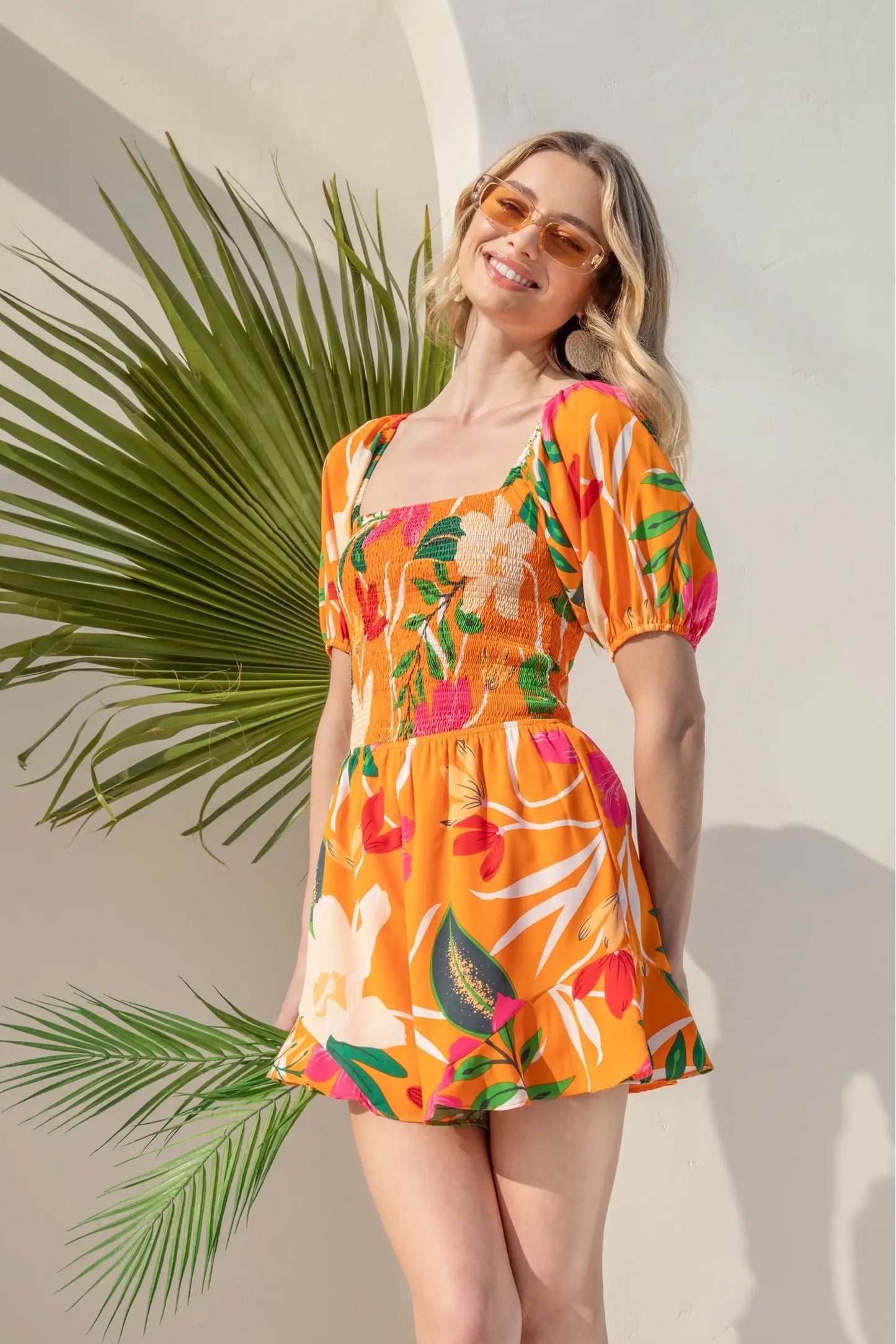 Smocked Tropical Print Romper