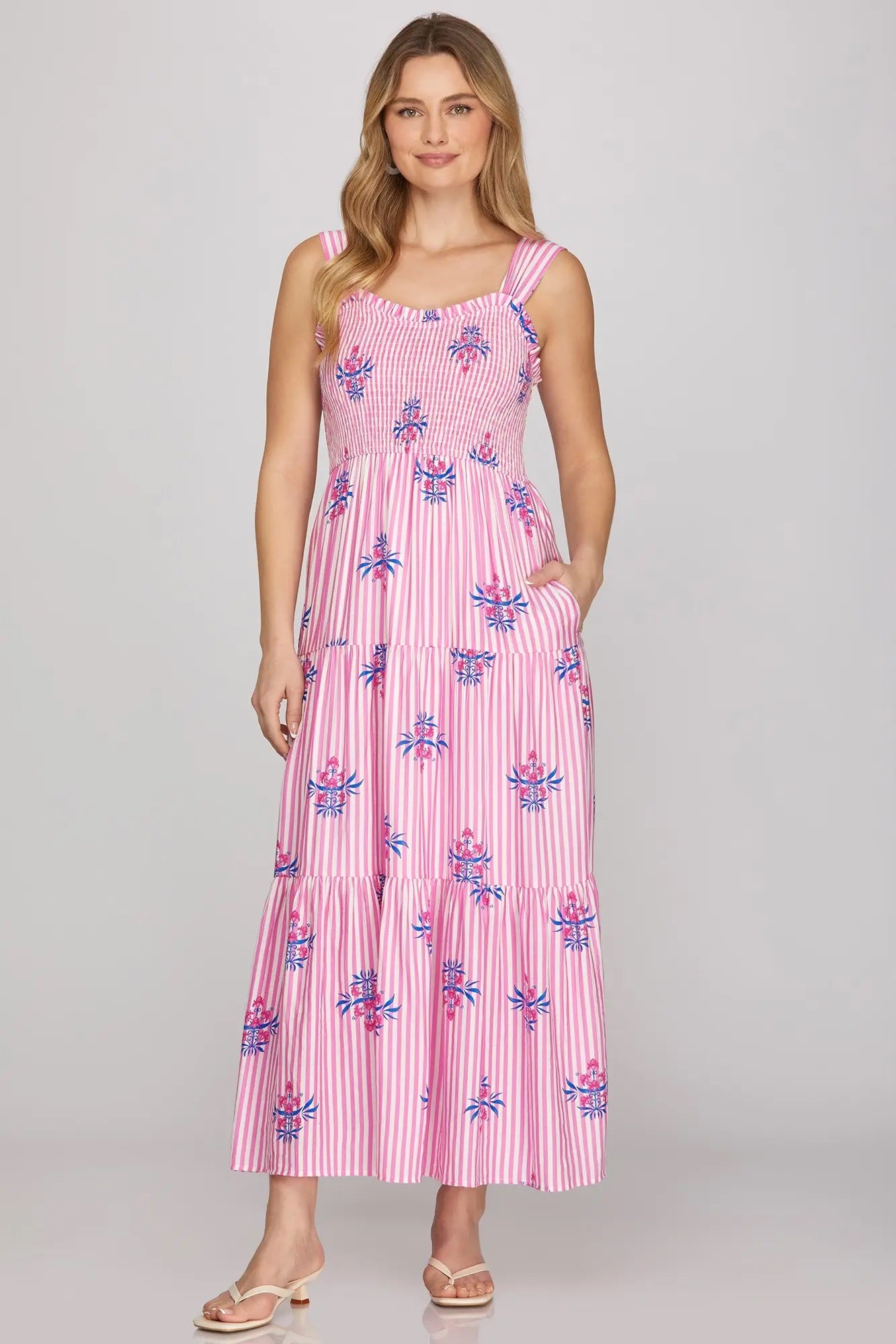 Pink Striped Smocked Tiered Maxi Dress