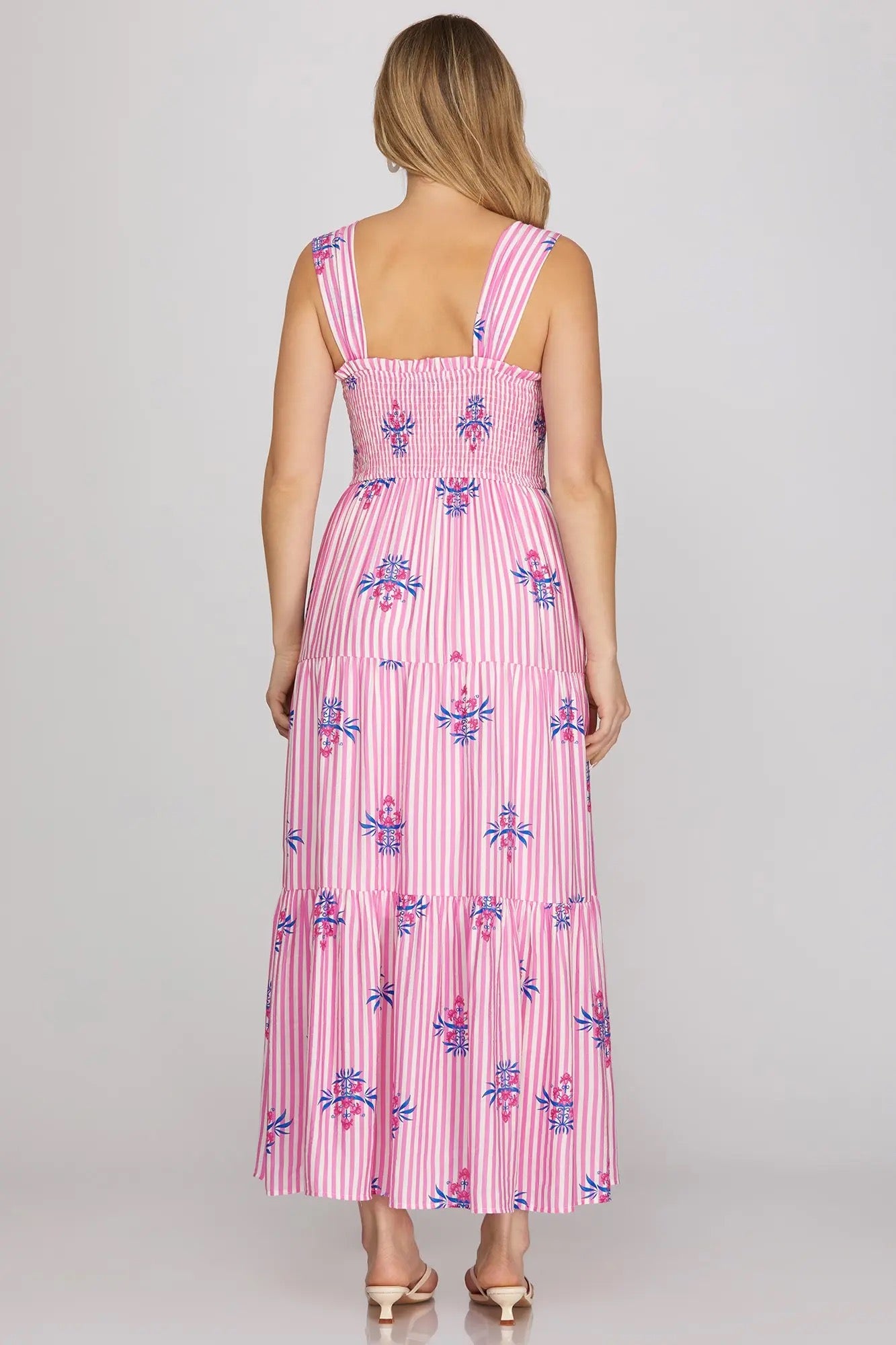 Pink Striped Smocked Tiered Maxi Dress