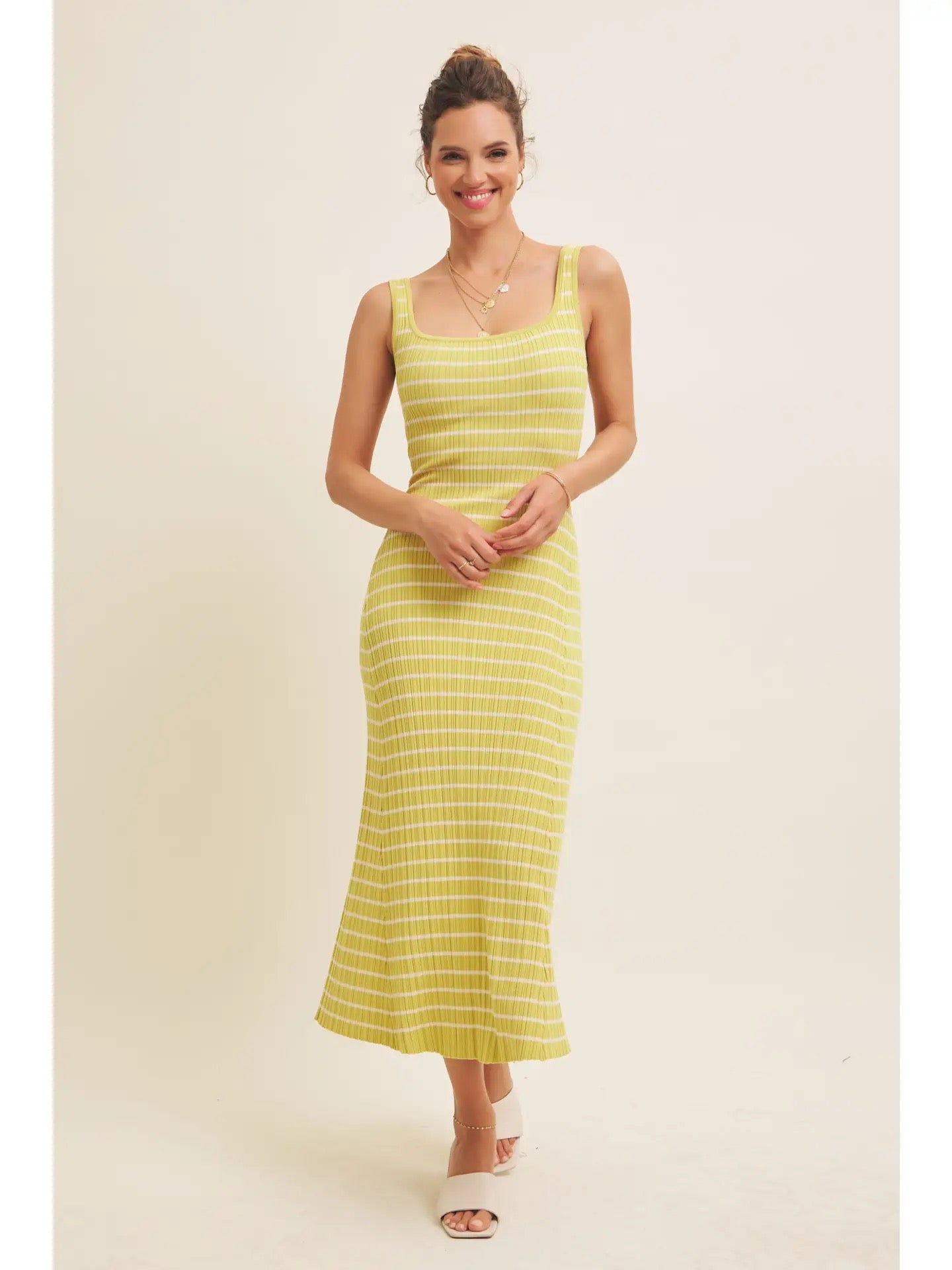 Lime Striped Ribbed Midi Dress