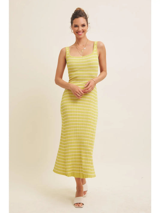 Lime Striped Ribbed Midi Dress