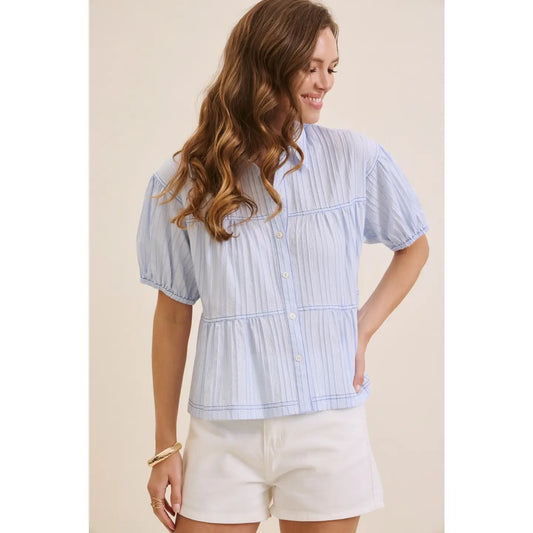 Blue Textured Striped Oversized Button Down Top