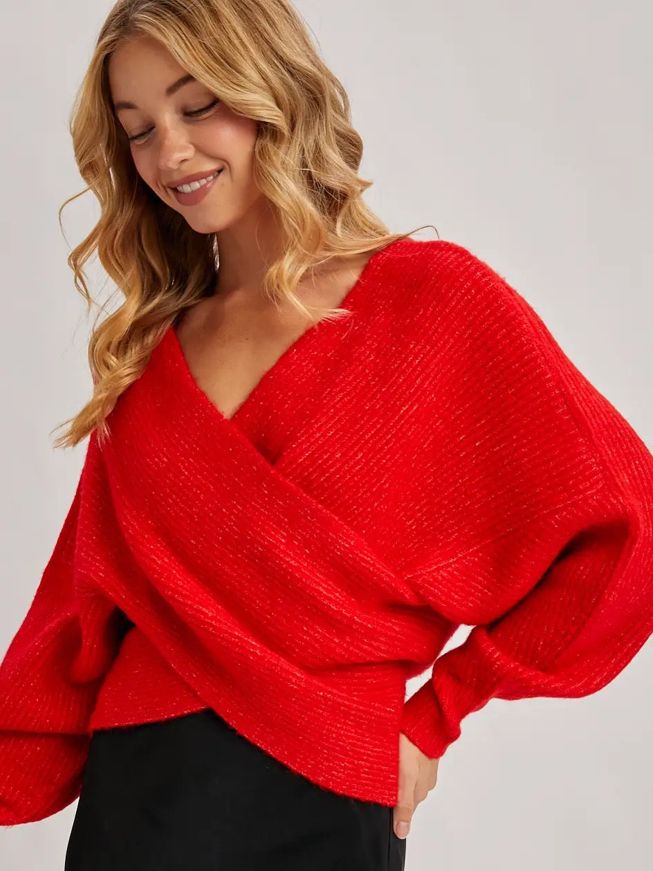 Red Wrap Crossover Ribbed Fuzzy Knit Sweater