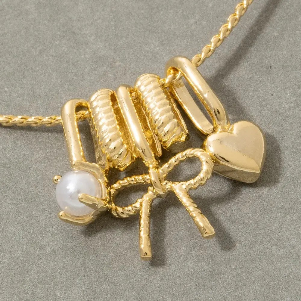Gold Bow & Heart Charm Necklace