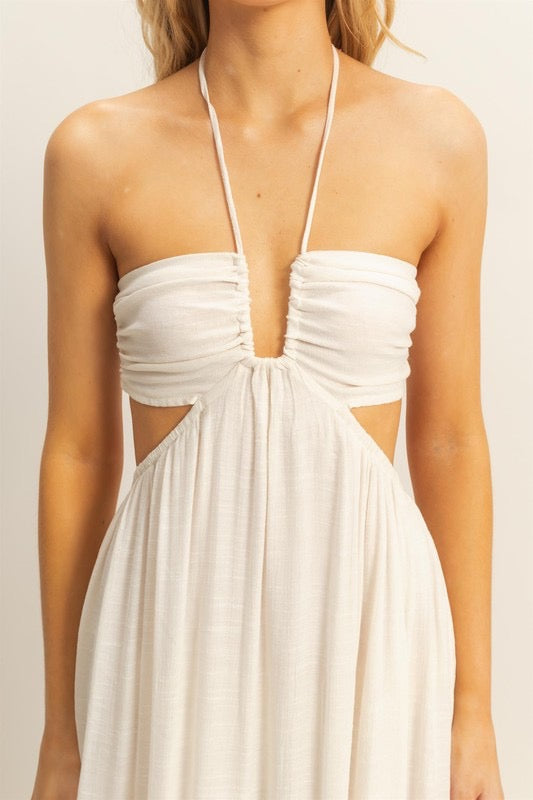 White Linen Halter Cutout Maxi Dress