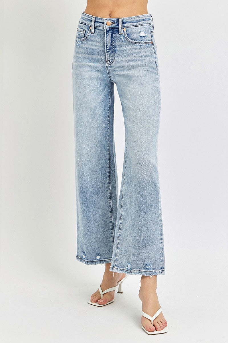 Risen Tummy Control Light Wash High Rise Crop Wide Jeans