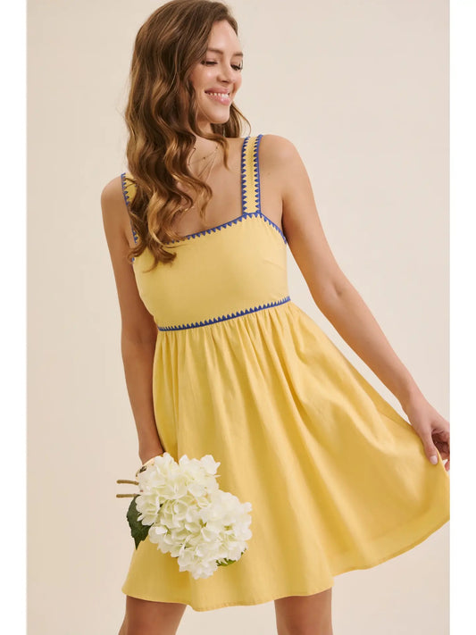 Yellow Mini Dress with Back Bow & Blue Stitching