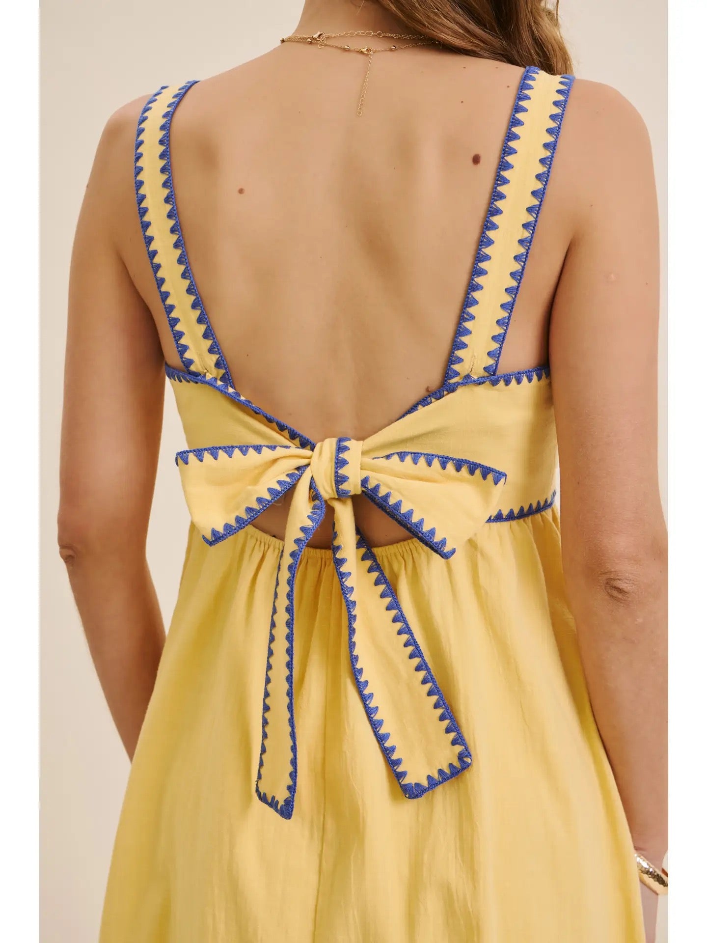Yellow Mini Dress with Back Bow & Blue Stitching
