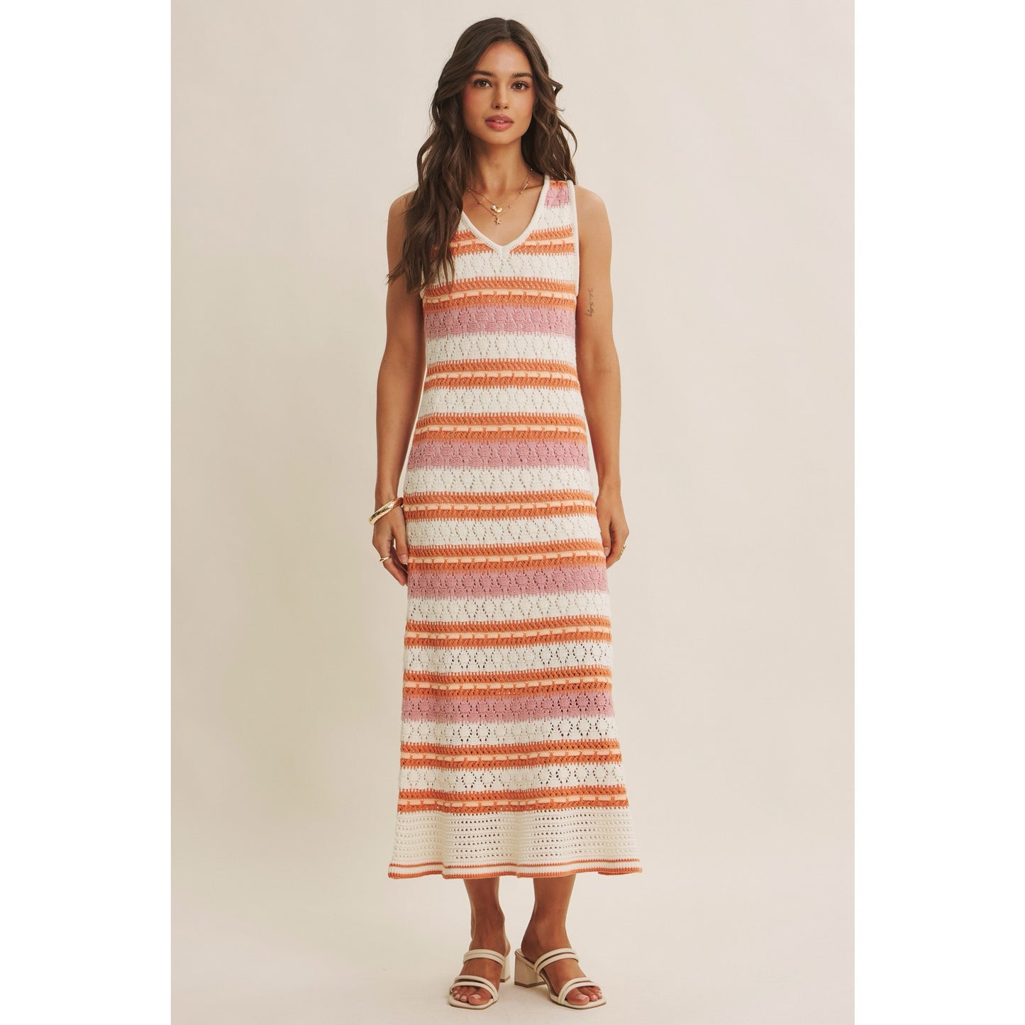 Orange & Pink Striped Crochet Midi Dress