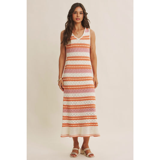 Orange & Pink Striped Crochet Midi Dress