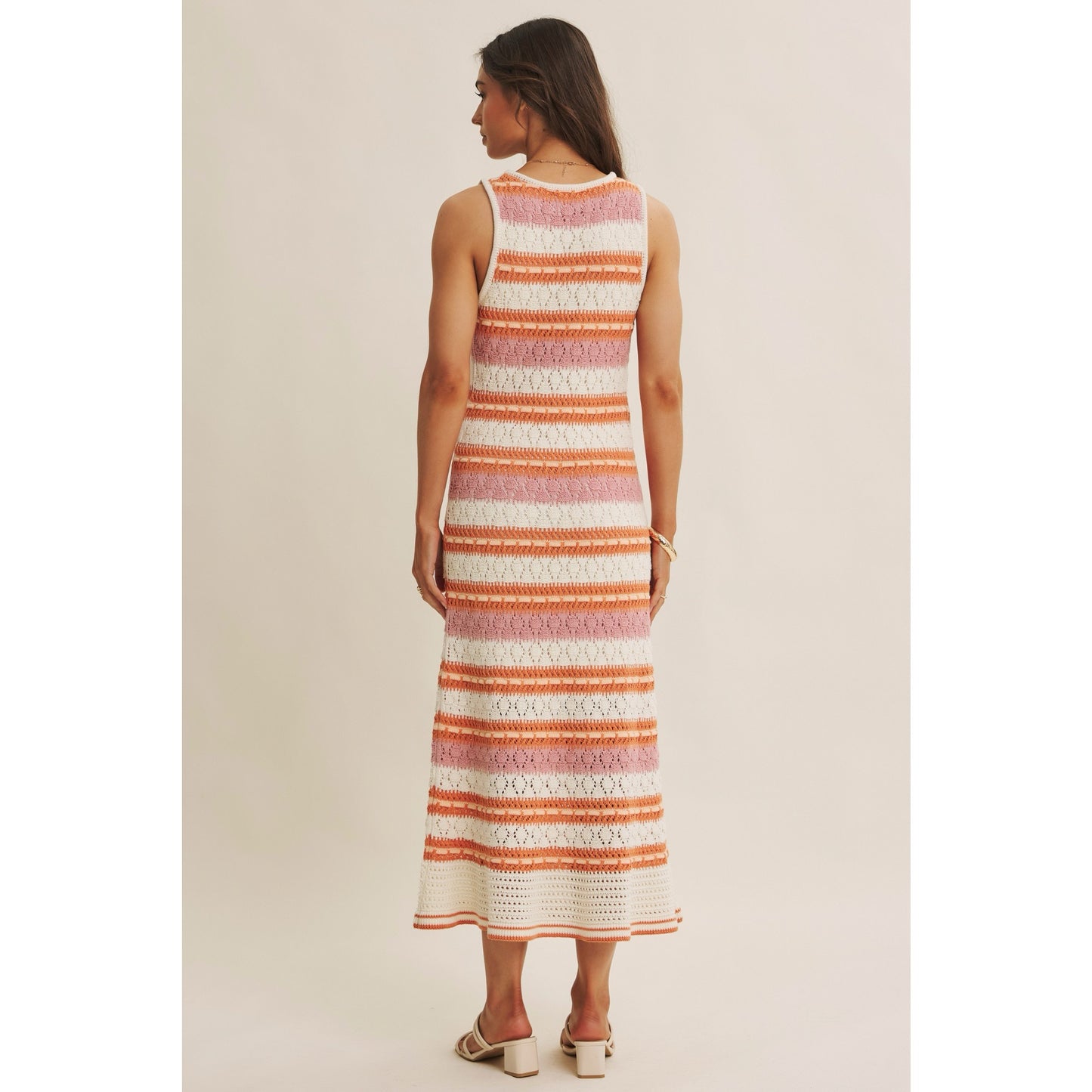 Orange & Pink Striped Crochet Midi Dress
