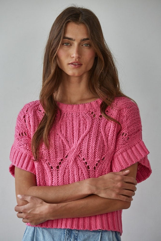 Pink Crochet Round Neck Knit Top