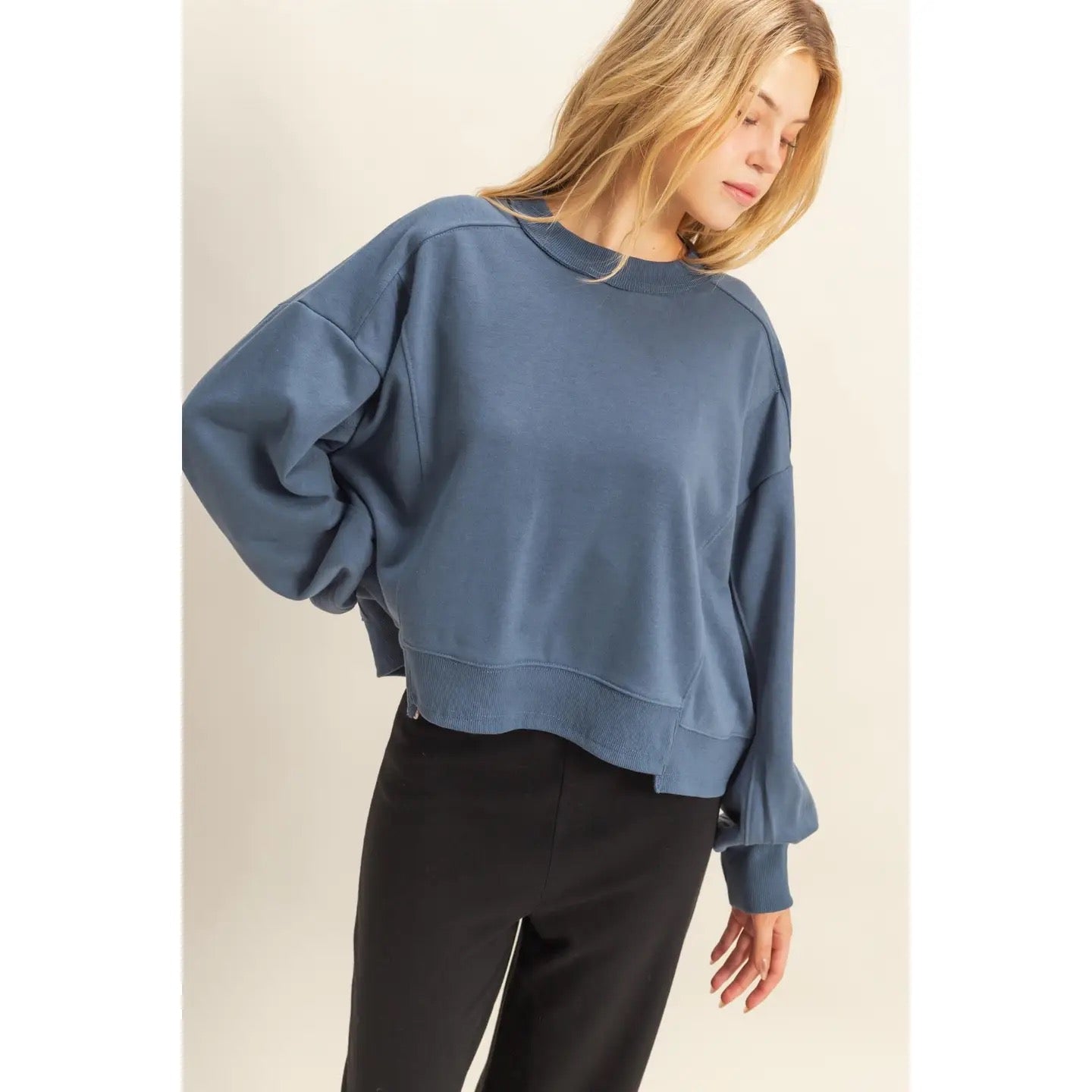 Midnight Blue Layered Hem Sweatshirt with Raw Hem