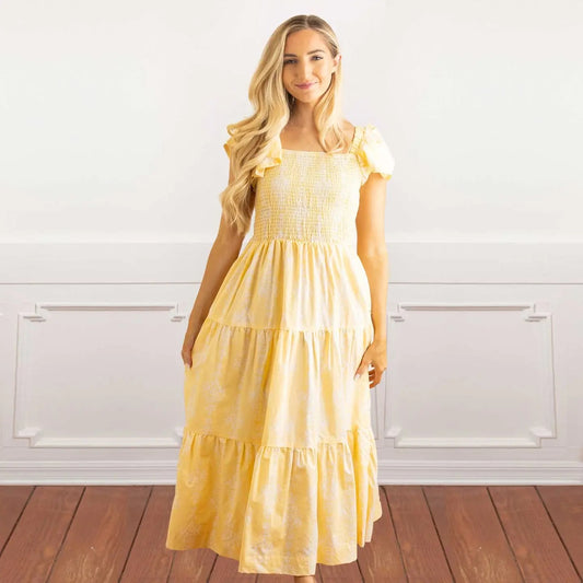 Golden Damask Smocked Flutter Sleeve Dress