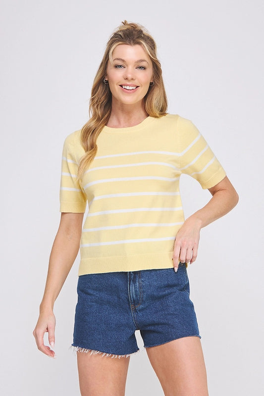 Crew Neck Preppy Stripe Top Yellow