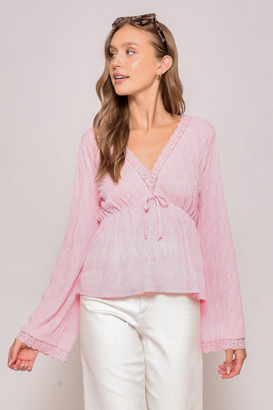 Pink Boho Textured Lace Trim Top