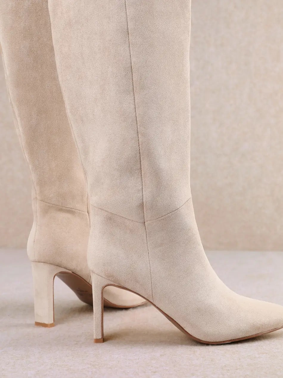Beige Sleek Pointed Toe Block Heel Tall Boots