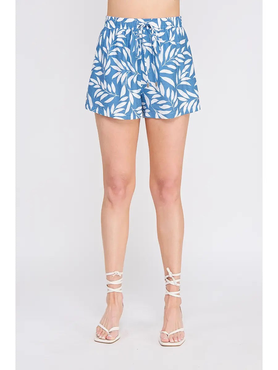 Blue Palm Printed Woven Tie Shorts