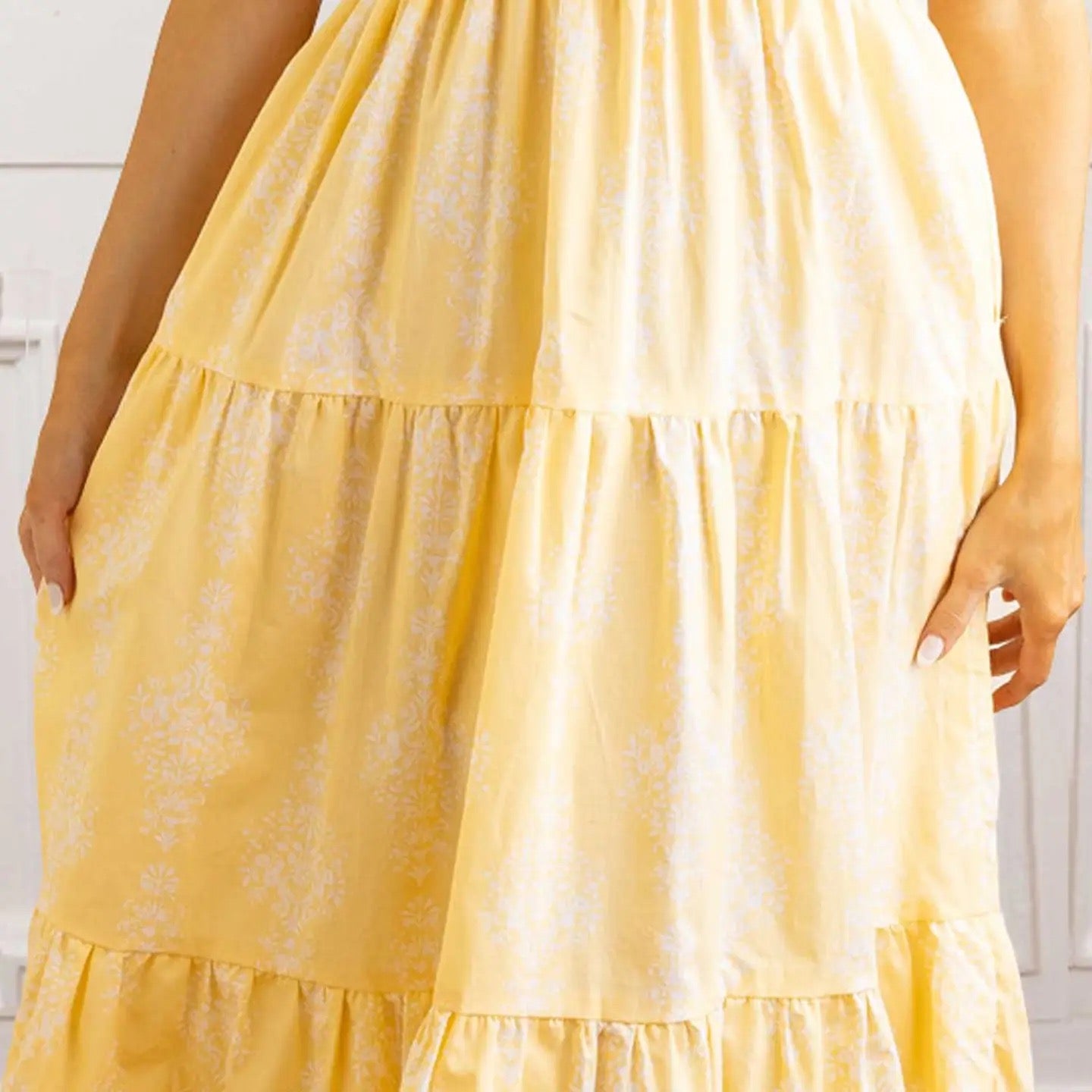 Golden Damask Smocked Flutter Sleeve Dress