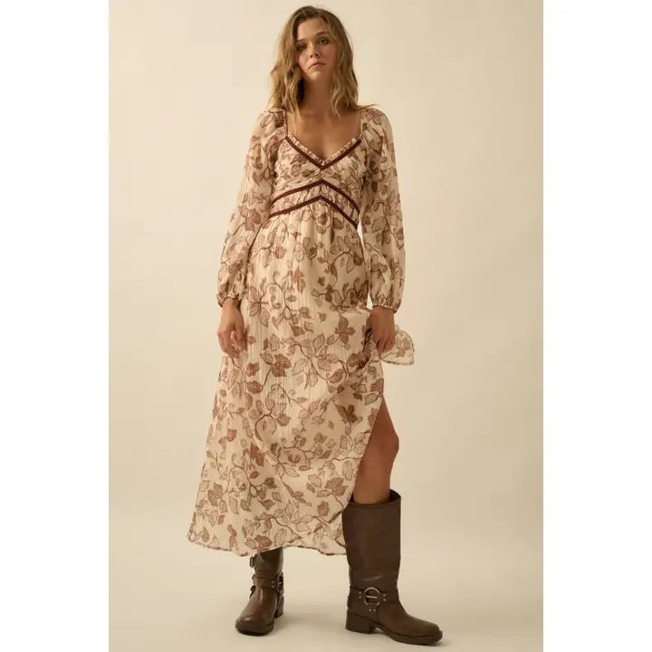 Floral Crepe Velvet Trimmed Maxi Dress