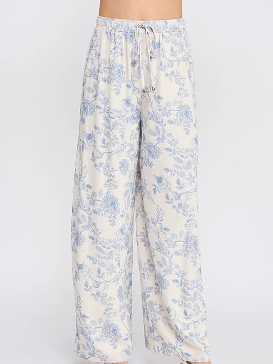 Blue Printed Soft Linen Wide Leg Pants