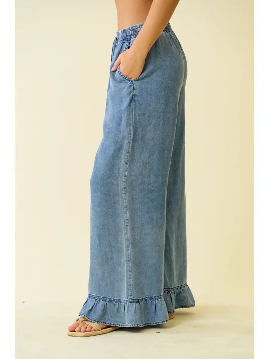 Denim Ruffle Bottom Wide Leg Pants