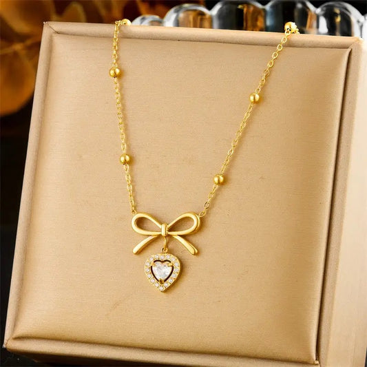 Staition Ball Chain Bow Necklace with Heart Charm