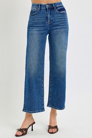 Risen Tummy Control Dark High Rise Crop Wide Jeans